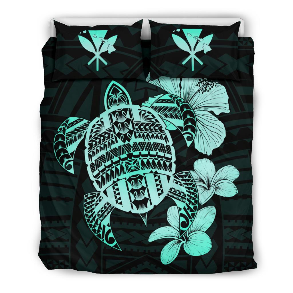 Hawaiian Kanaka Hibiscus Plumeria Mix Polynesian Turtle Bedding Set Turquoise AH Turquoise - Polynesian Pride