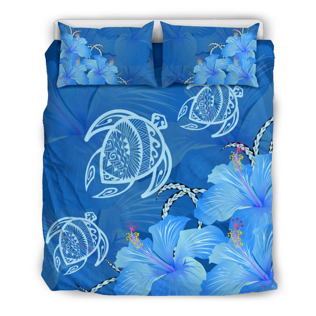 Hawaii Bedding Set - Hawaii Blue Hibiscus Turtle Polynesian Bedding Set Blue - Polynesian Pride