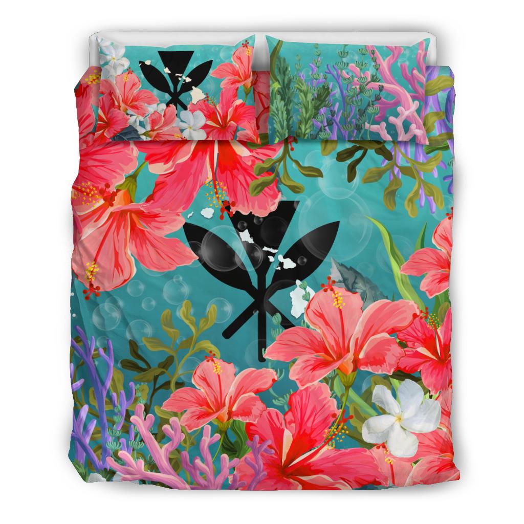 Kanaka Maoli (Hawaiian) Bedding Set - Coat Of Arms Hibiscus And Seaweed Blue - Polynesian Pride