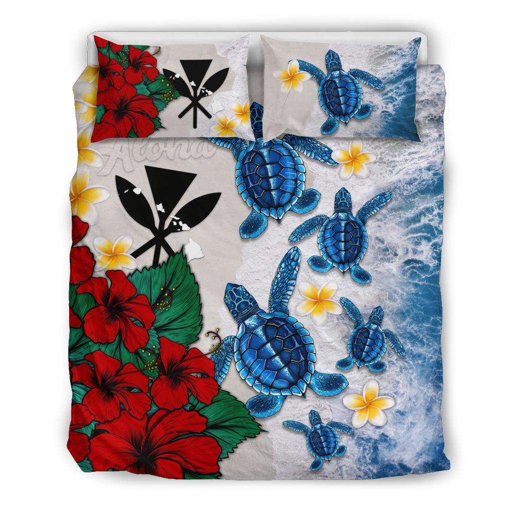 Kanaka Maoli (Hawaiian) Bedding Set - Aloha Sea Turtles Hibiscus Blue - Polynesian Pride