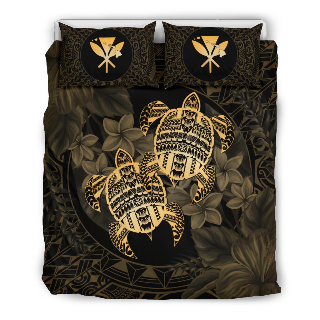 Hawaii Bedding Set - Turtle Strong Pattern Hibiscus Plumeria Gold AH Gold - Polynesian Pride