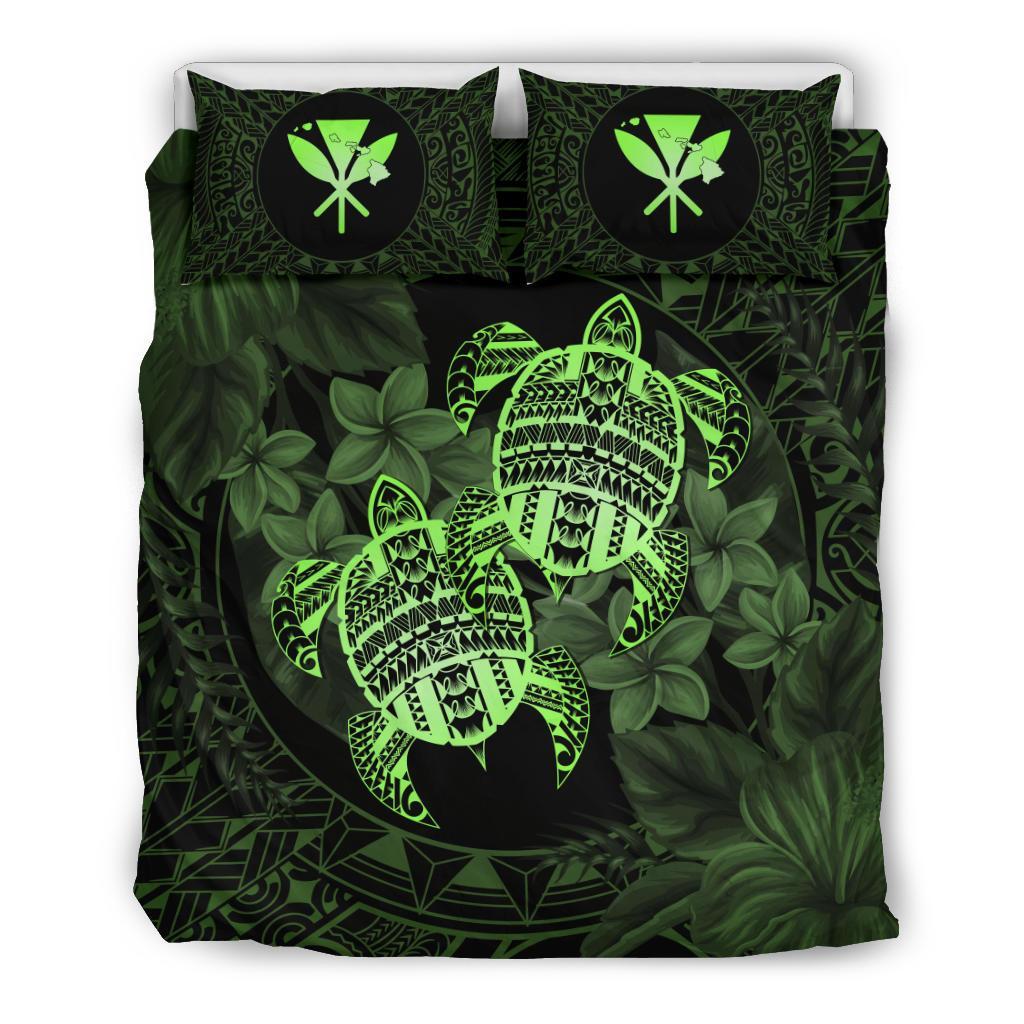 Hawaii Bedding Set - Turtle Strong Pattern Hibiscus Plumeria Green AH Green - Polynesian Pride