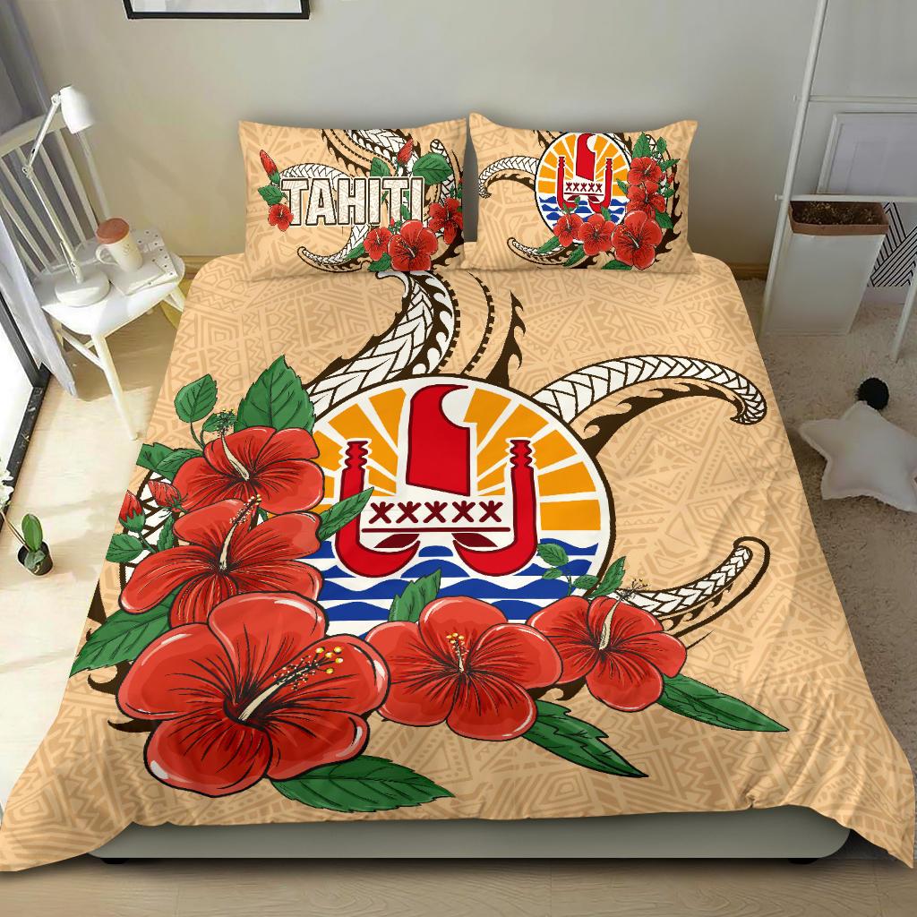 Polynesian Bedding Set - Tahiti Duvet Cover Set - Hibiscus Coat of Arm Beige BEIGE - Polynesian Pride