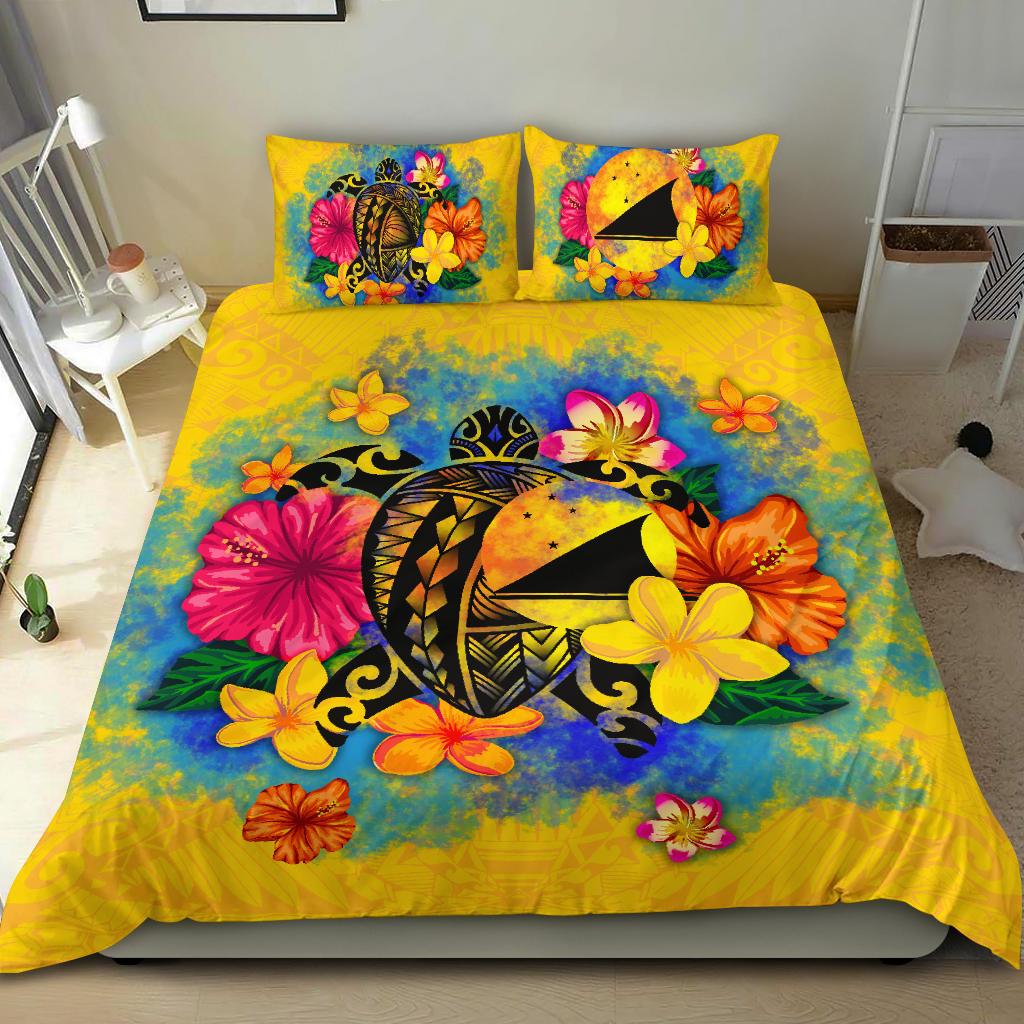 Tokelau Polynesian Bedding Set - Turtle with Plumeria and Hibiscus Yellow - Polynesian Pride