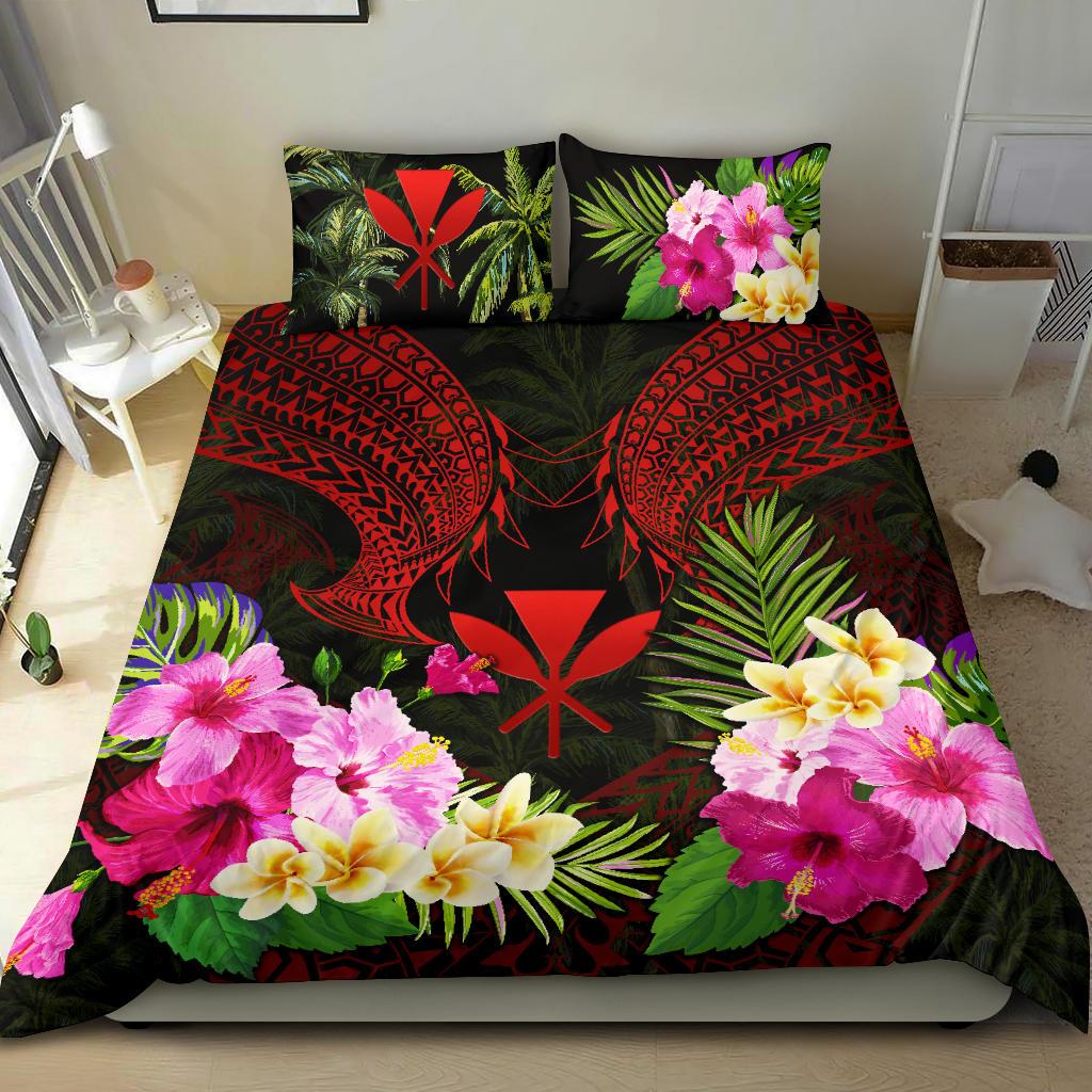 Polynesian Bedding Set - Hawaii Duvet Cover Red Kanaka Maoli Hibiscus Plumeria Coconut RED - Polynesian Pride