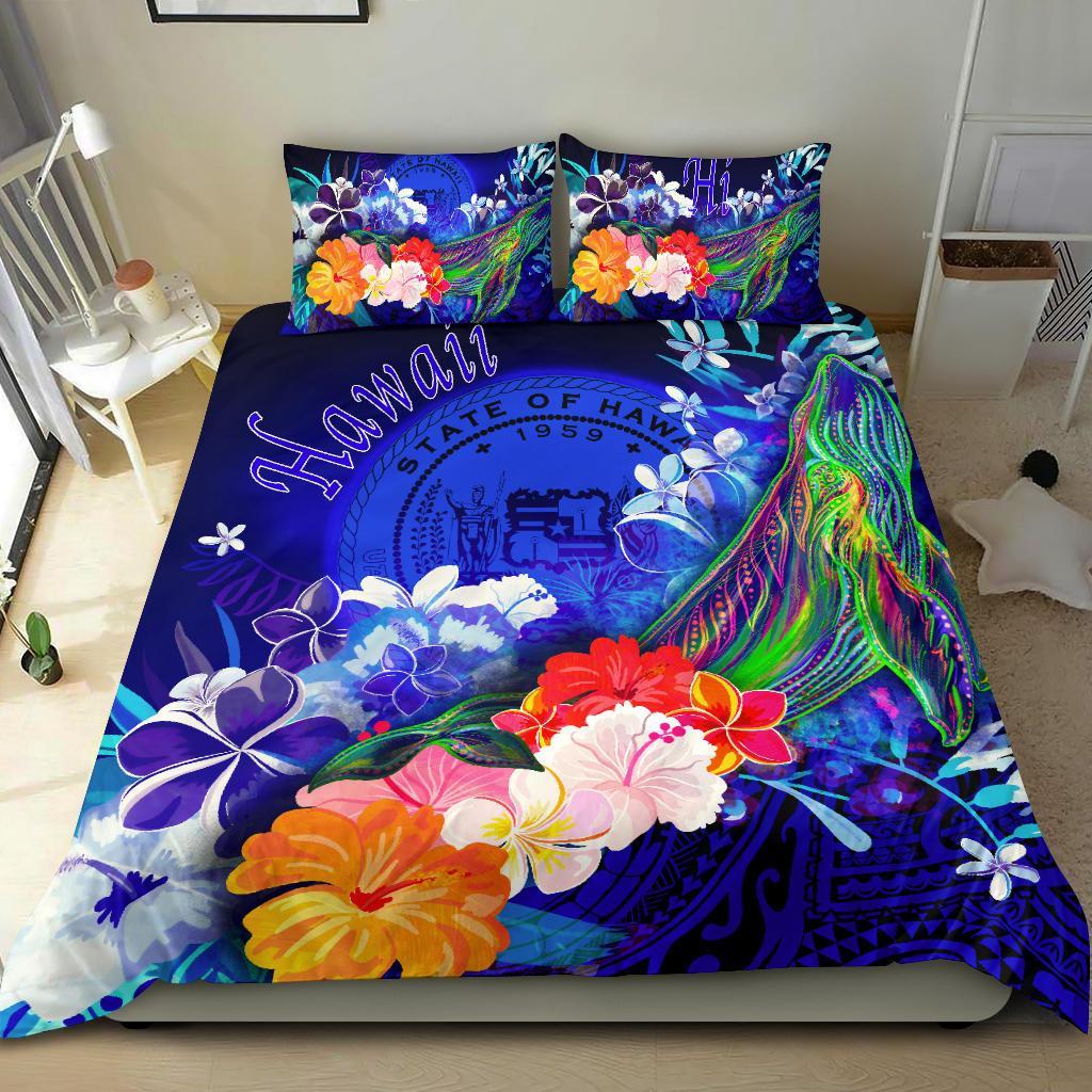 Polynesian Hawaii Bedding Set - Humpback Whale with Tropical Flowers (Blue) Blue - Polynesian Pride