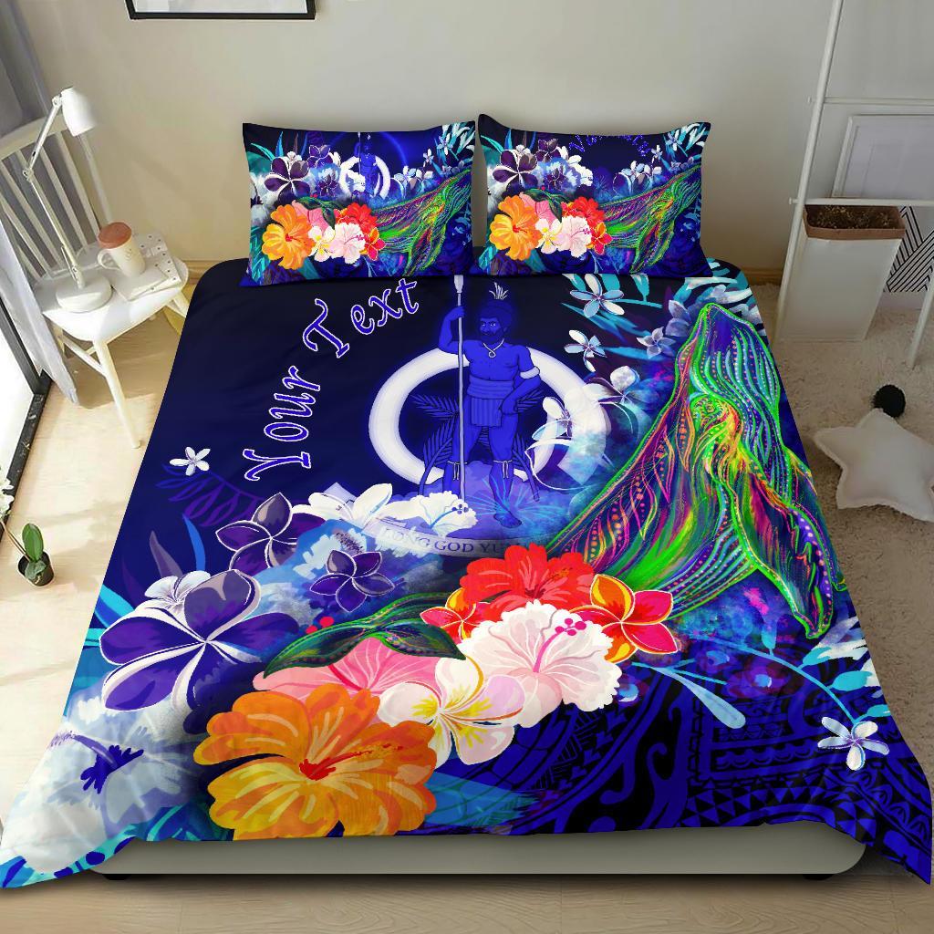 Vanuatu Custom Personalised Bedding Set - Humpback Whale with Tropical Flowers (Blue) Blue - Polynesian Pride