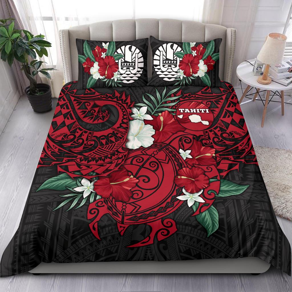 Polynesian Bedding Set - Tahiti Duvet Cover - Hibiscus and Sea Turtle (Red) Red - Polynesian Pride