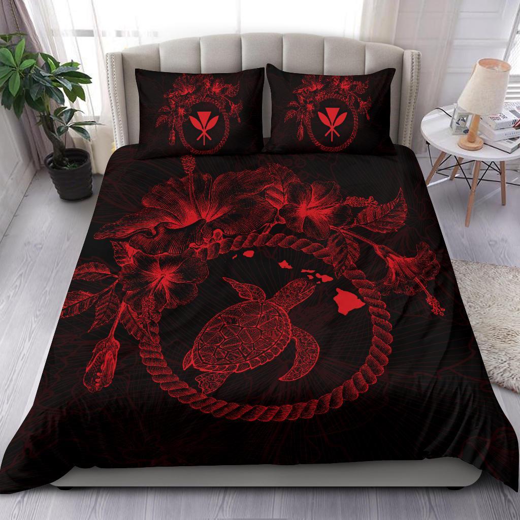 Polynesian Hawaii Bedding Set - Red Turtle Hibiscus Flower Frame Vintage Red - Black - Polynesian Pride