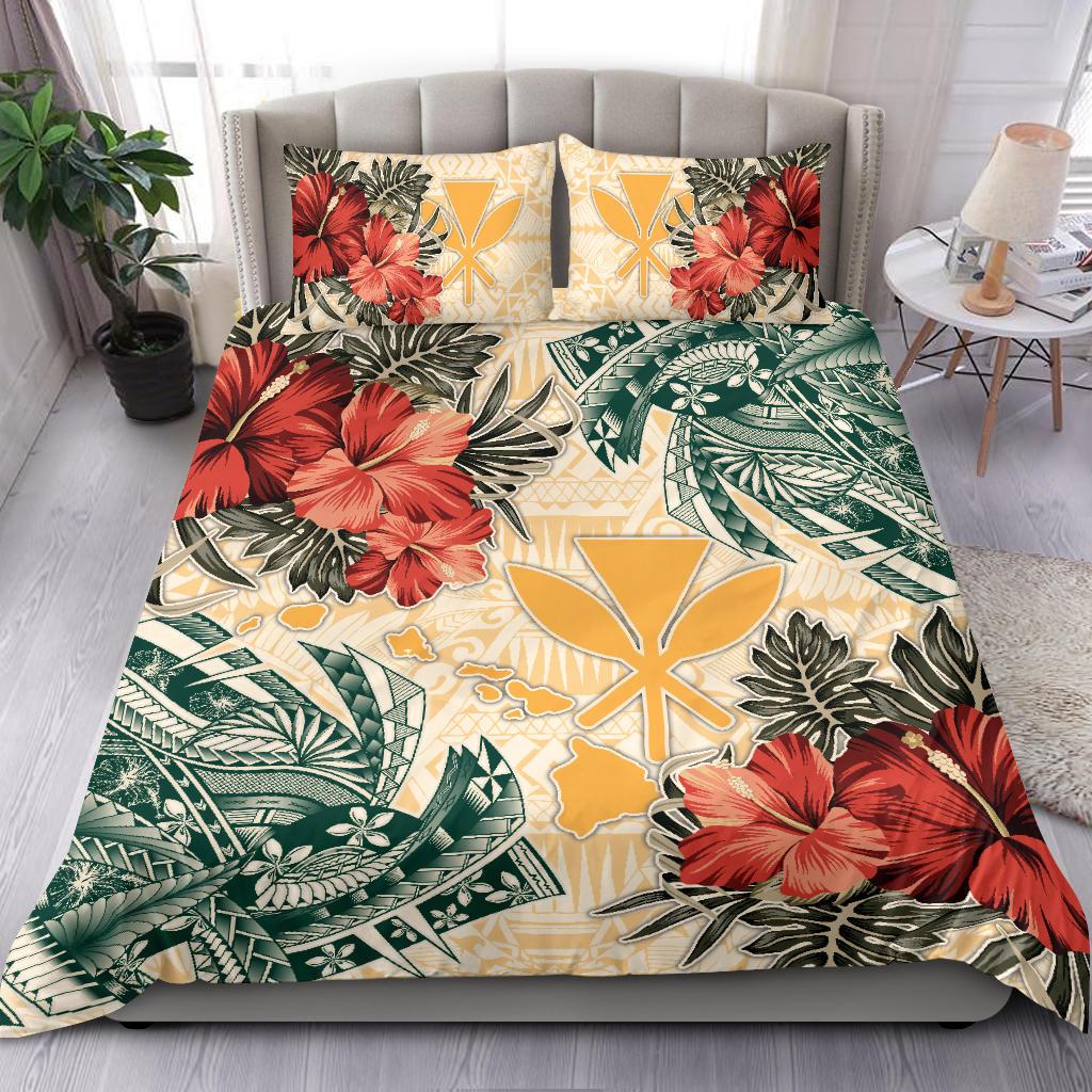 Hawaii Polynesian Bedding Set - Kanaka Maoli Duvet Cover - Polynesian Hibiscus Flowers Beige - Polynesian Pride