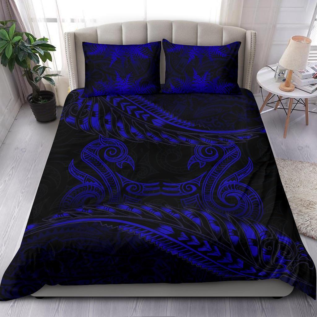 New Zealand Bedding Set Blue Manaia Maori - Silver Fern Duvet Cover Bedding Set Black - Polynesian Pride