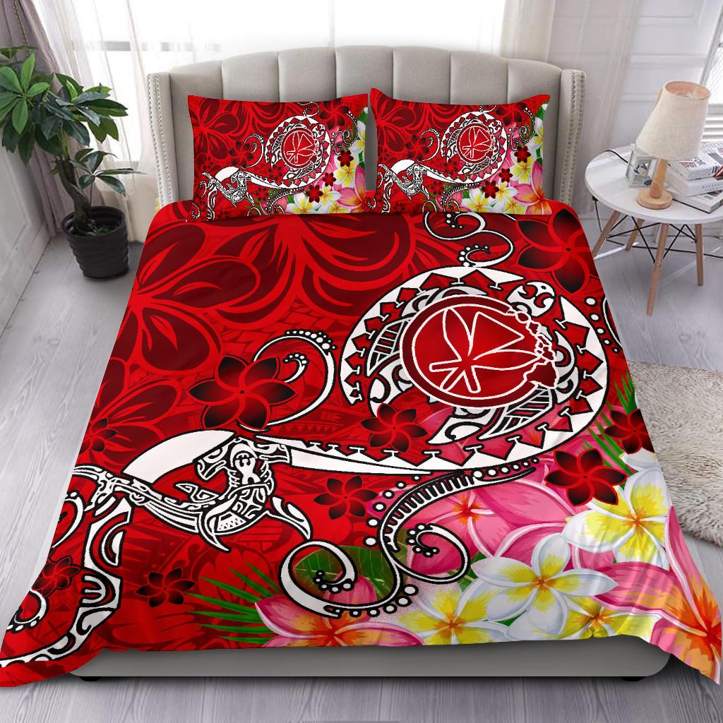 Hawaii Bedding Set - Turtle Plumeria Polynesian Tattoo Red Color Red - Polynesian Pride