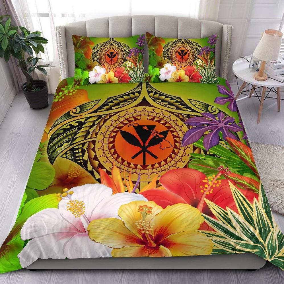 Hawaii Polynesian Bedding Set - Kanaka Maoli Manta Ray Tropical Flowers (Reggae) Green - Polynesian Pride