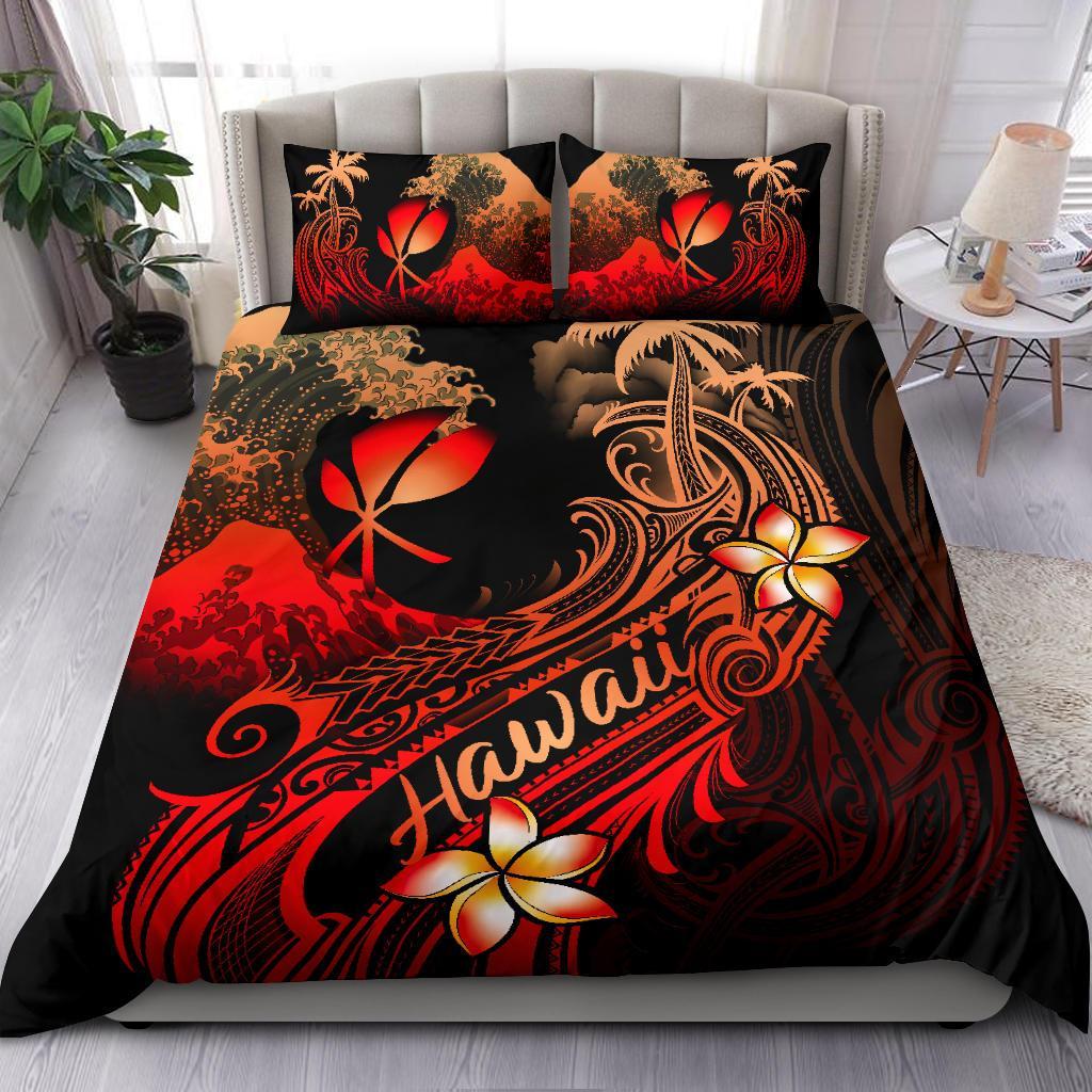 Hawaii Polynesian Bedding Set - Plumeria Flowers And Waves Red - Polynesian Pride