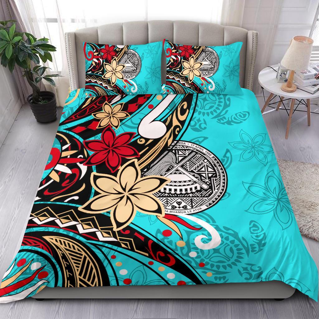 American Samoa Bedding Set - Tribal Flower With Special Turtles Blue Color Blue - Polynesian Pride