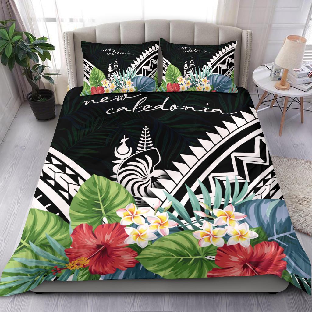 New Caledonia Bedding Set - New Caledonia Coat of Arms & Polynesian Tropical Flowers White Black - Polynesian Pride