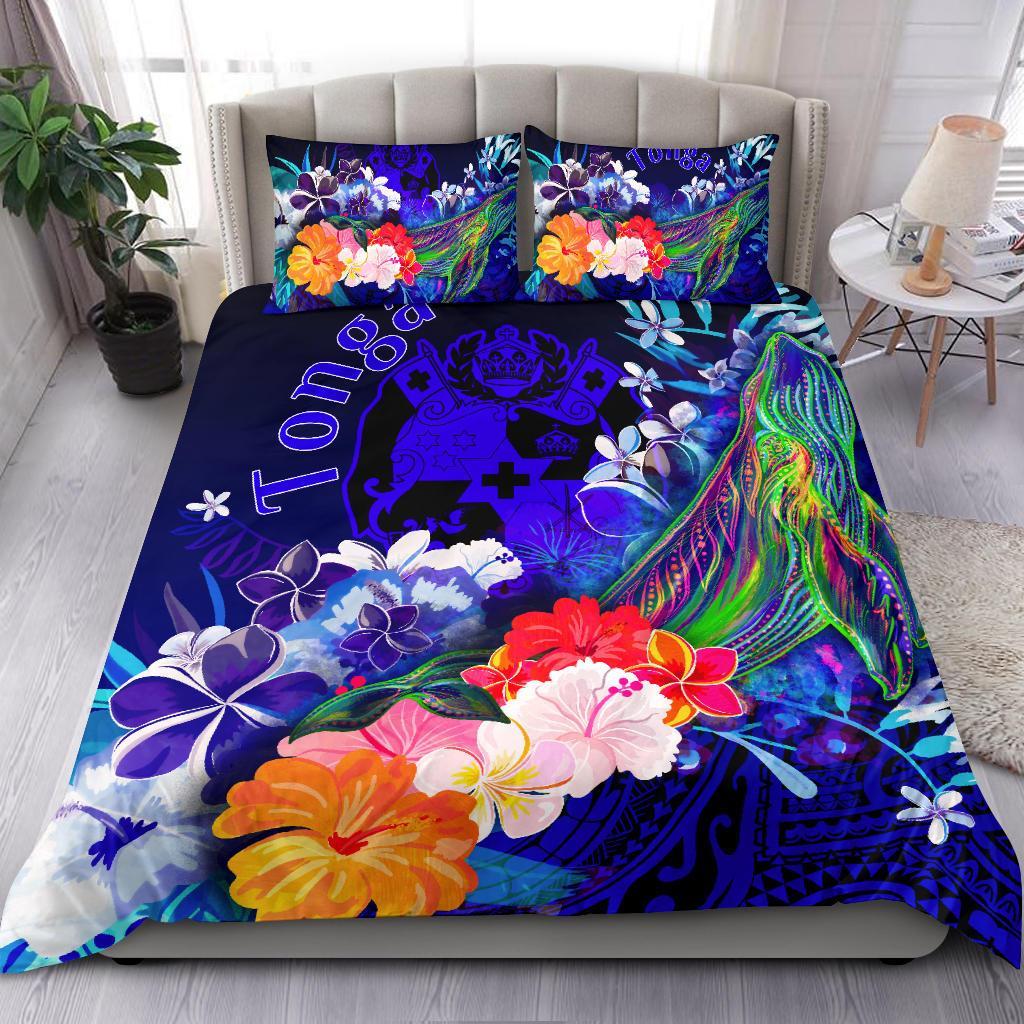 Tonga Bedding Set - Humpback Whale with Tropical Flowers (Blue) Blue - Polynesian Pride