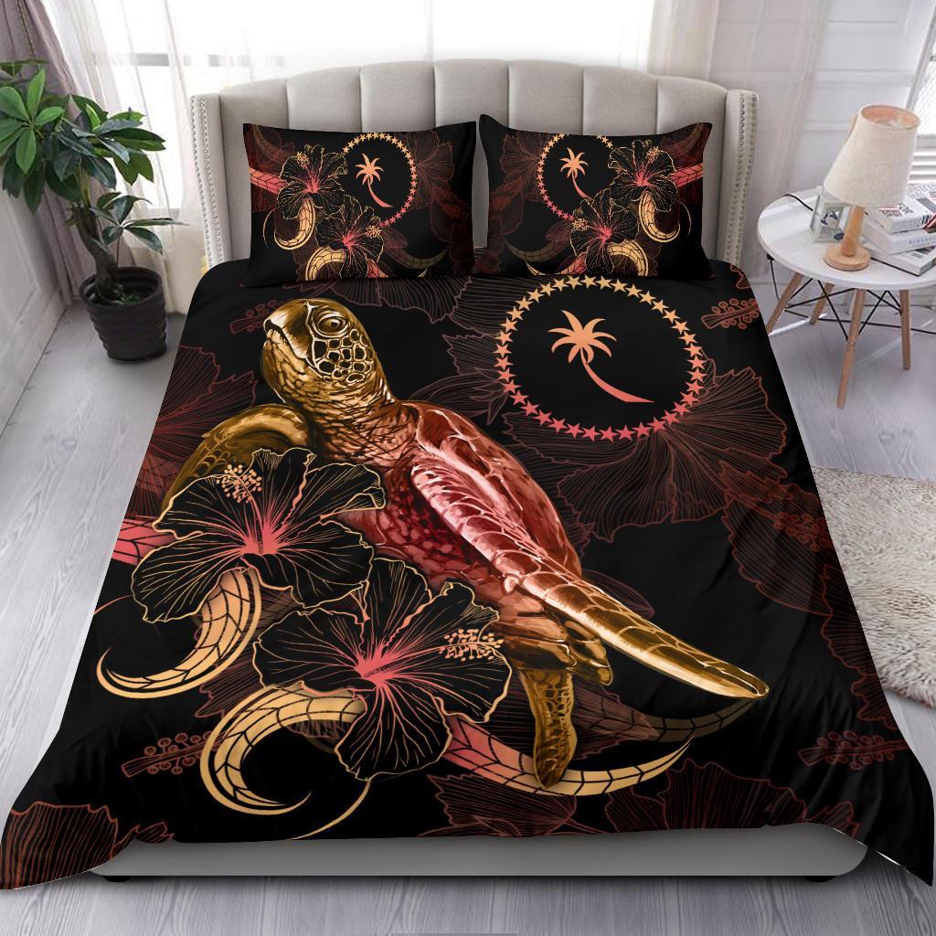 Chuuk Polynesian Bedding Set - Turtle With Blooming Hibiscus Gold Gold - Polynesian Pride