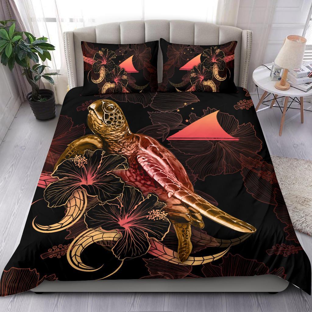 Tokelau Polynesian Bedding Set - Turtle With Blooming Hibiscus Gold Gold - Polynesian Pride