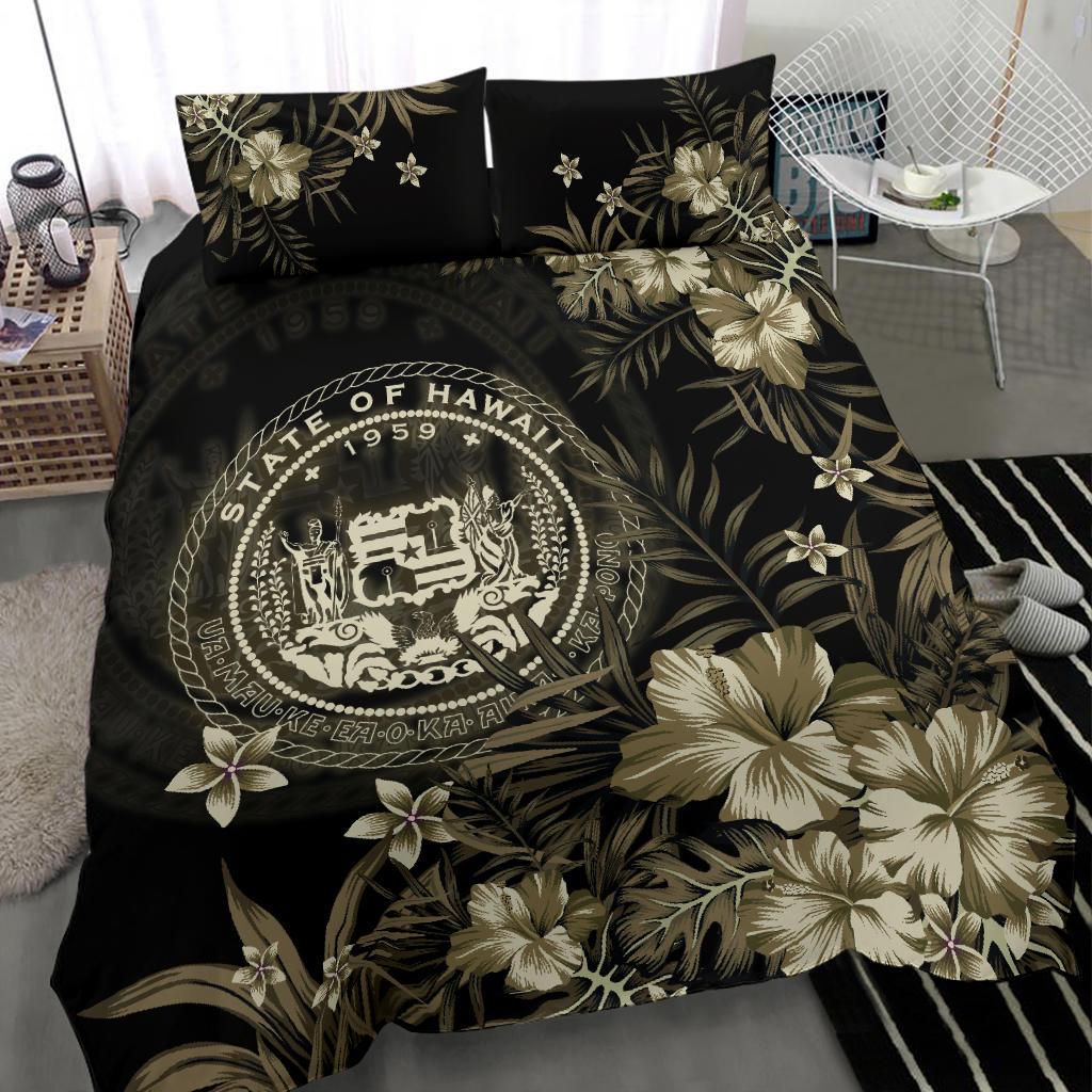 Hawaii Bedding Set - Hibiscus Flowers With Coat Of Arms Black - Polynesian Pride