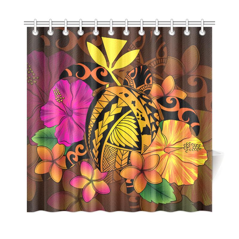 Hawaii Turtle Tribal Map Hibiscus Plumeria Shower Curtain 177 x 172 (cm) Orange - Polynesian Pride