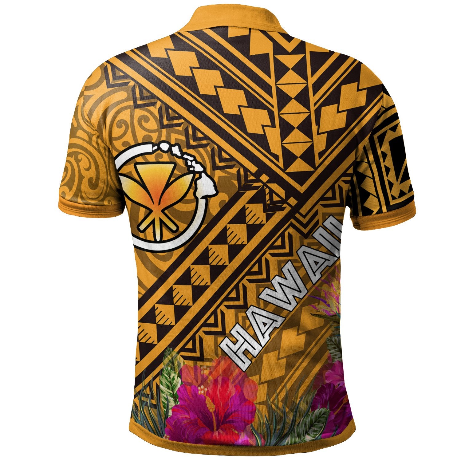 Hawaii Polo Shirt Kanaka Maoli With Hibiscus On Polynesian Patterns (YELLOW) Unisex Blue - Polynesian Pride