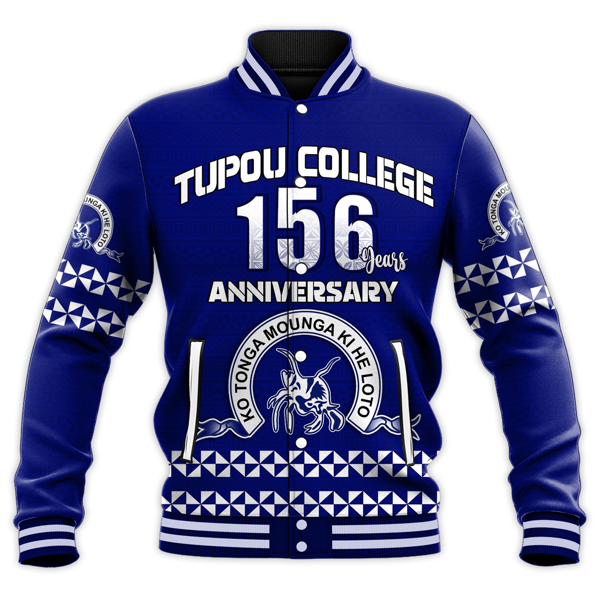 Tonga Tupou College Toloa Baseball Jacket 156 Years Anniversary Tongan Ngatu LT13 Unisex Blue - Polynesian Pride