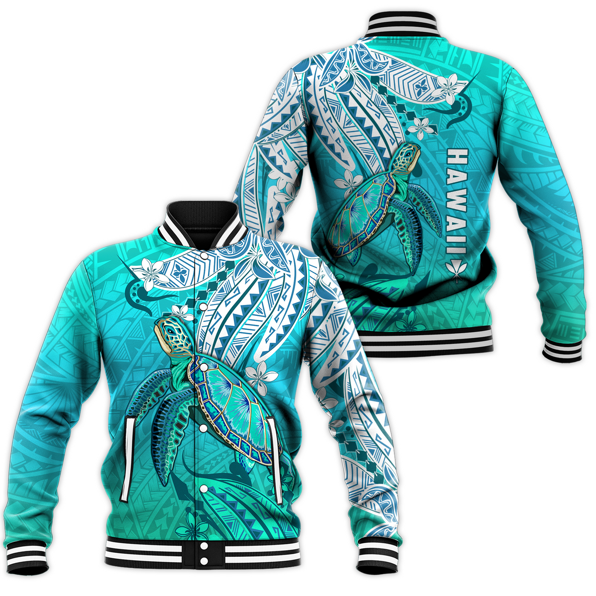 Hawaiian Islands Baseball Jacket Turtle Mix Hawaii Polynesian LT13 Unisex Blue - Polynesian Pride