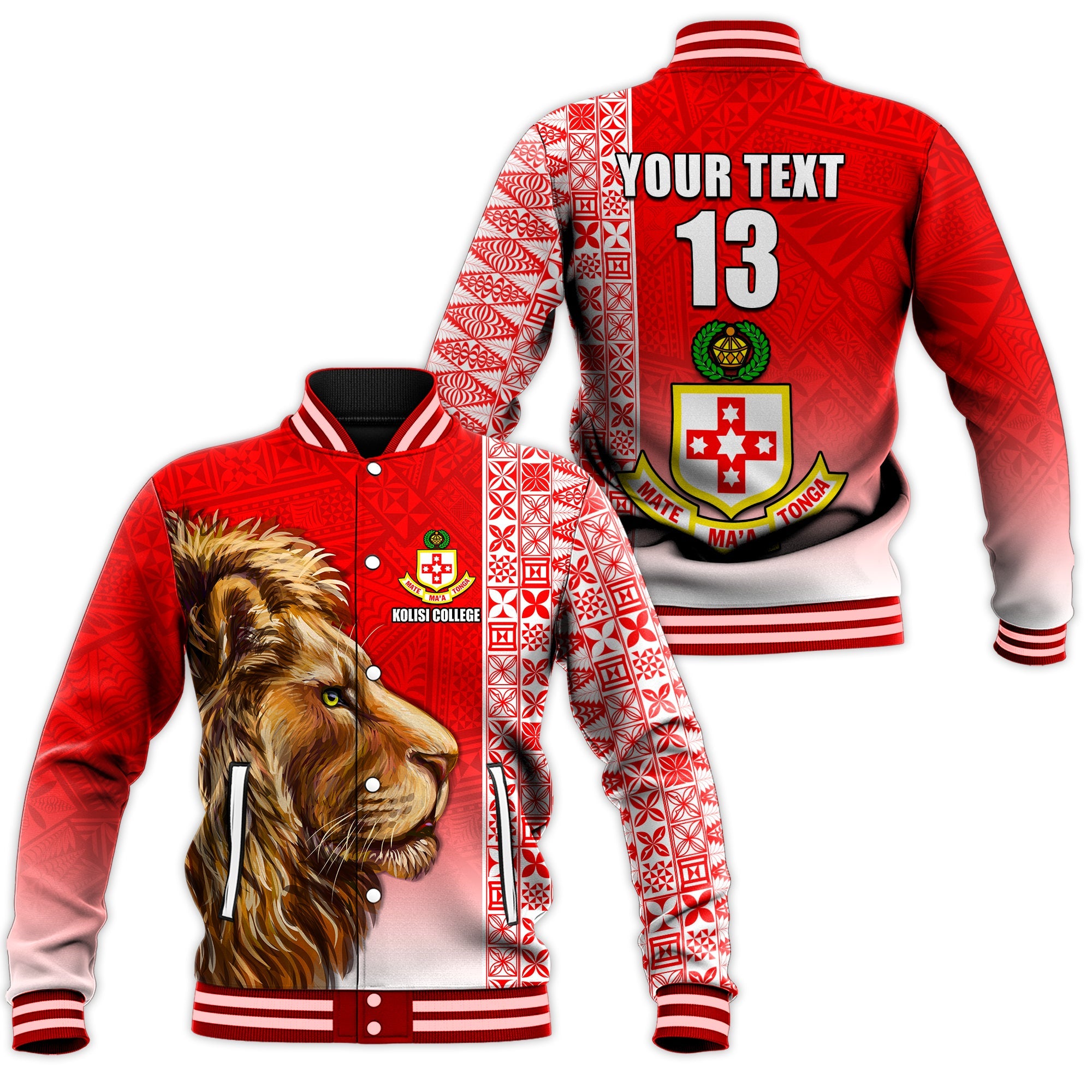 (Custom Text and Number) Kolisi Tonga College Atele Baseball Jacket Home of the Lions LT13 Unisex Red - Polynesian Pride