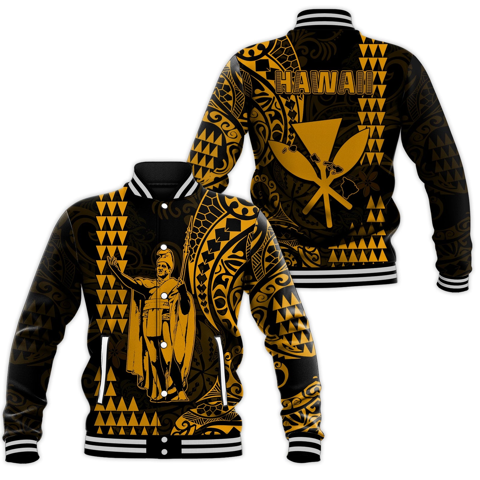 Hawaii Day Kakau Baseball Jacket Proud To Be Hawaiian Gold King Kamehameha and Kanaka Maoli LT13 Unisex Gold - Polynesian Pride