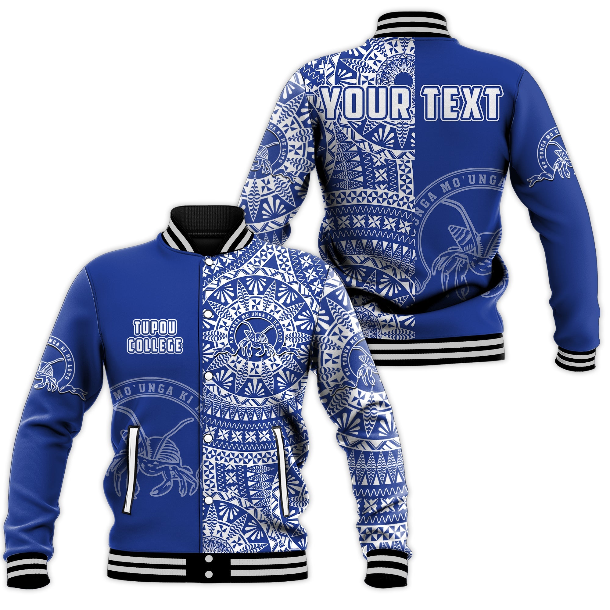 (Custom Personalised) Tupou Tonga College Baseball Jacket Tongan Ngatu Pattern LT14 Unisex Blue - Polynesian Pride