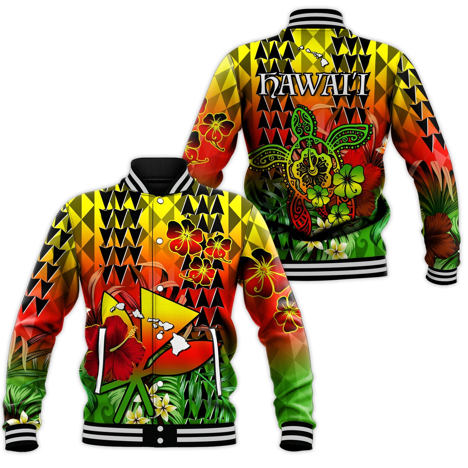Hawaii Flowers Baseball Jacket Color Tribal Pattern Hawaiian LT13 Unisex Reggae - Polynesian Pride