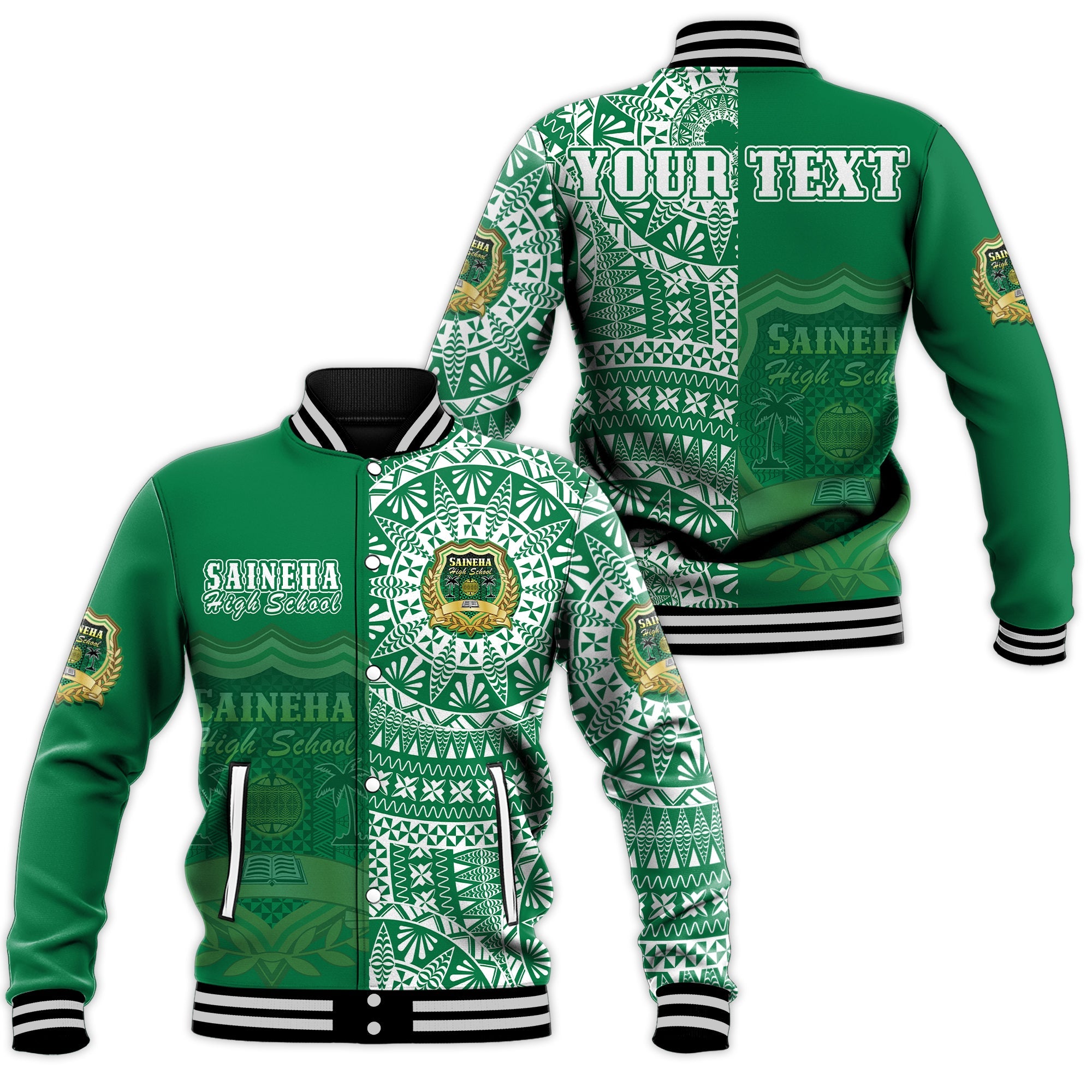 (Custom Personalised) Tonga Saineha High School Baseball Jacket Tongan Ngatu Pattern LT14 Unisex Green - Polynesian Pride