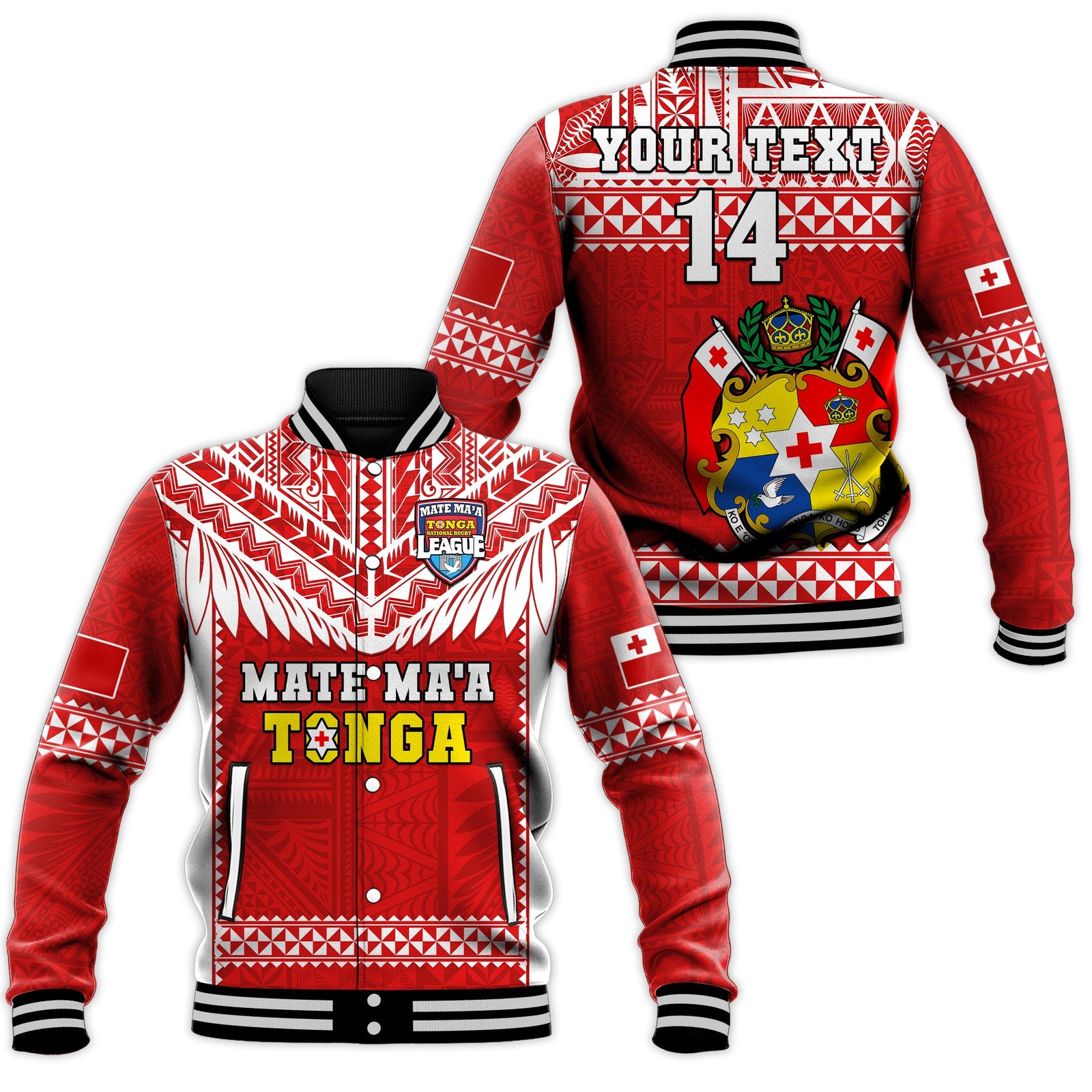 (Custom Text And Number) Tonga Rugby Baseball Jacket Mate Maa Tonga Pacific Ngatu White LT14 Unisex Red - Polynesian Pride