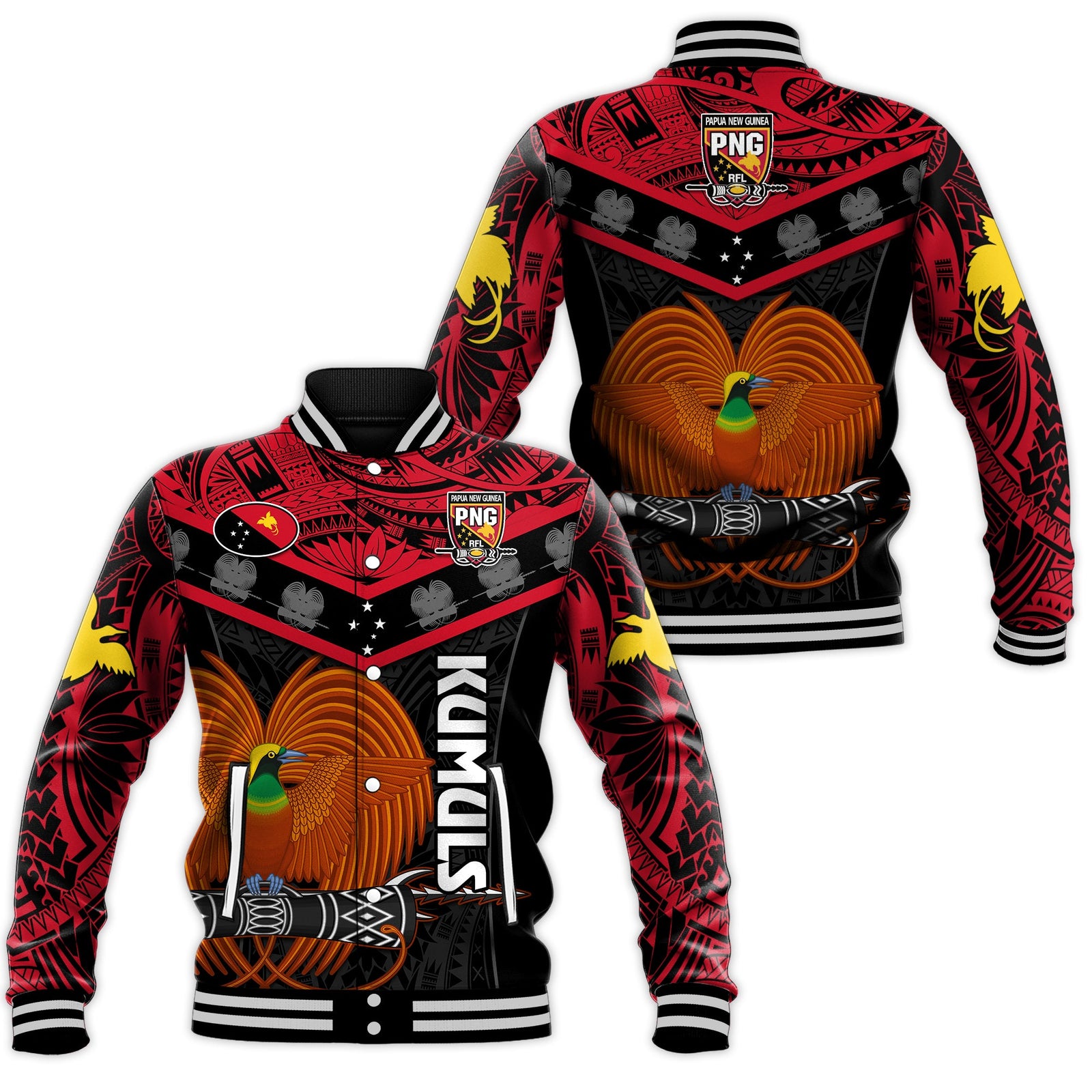 Papua New Guinea Rugby Baseball Jacket PNG Kumuls Bird Of Paradise Black LT14 Unisex Black - Polynesian Pride
