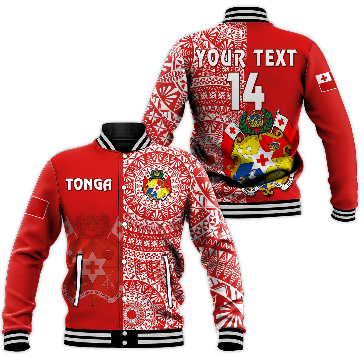(Custom Text And Number) Tonga Baseball Jacket Tongan Coat Of Arms Ngatu Pattern LT14 - Polynesian Pride