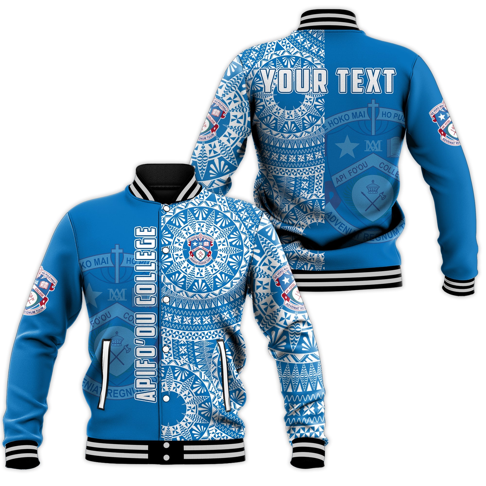 (Custom Personalised) Apifoou Tonga College Baseball Jacket Tongan Ngatu Pattern LT14 Unisex Blue - Polynesian Pride