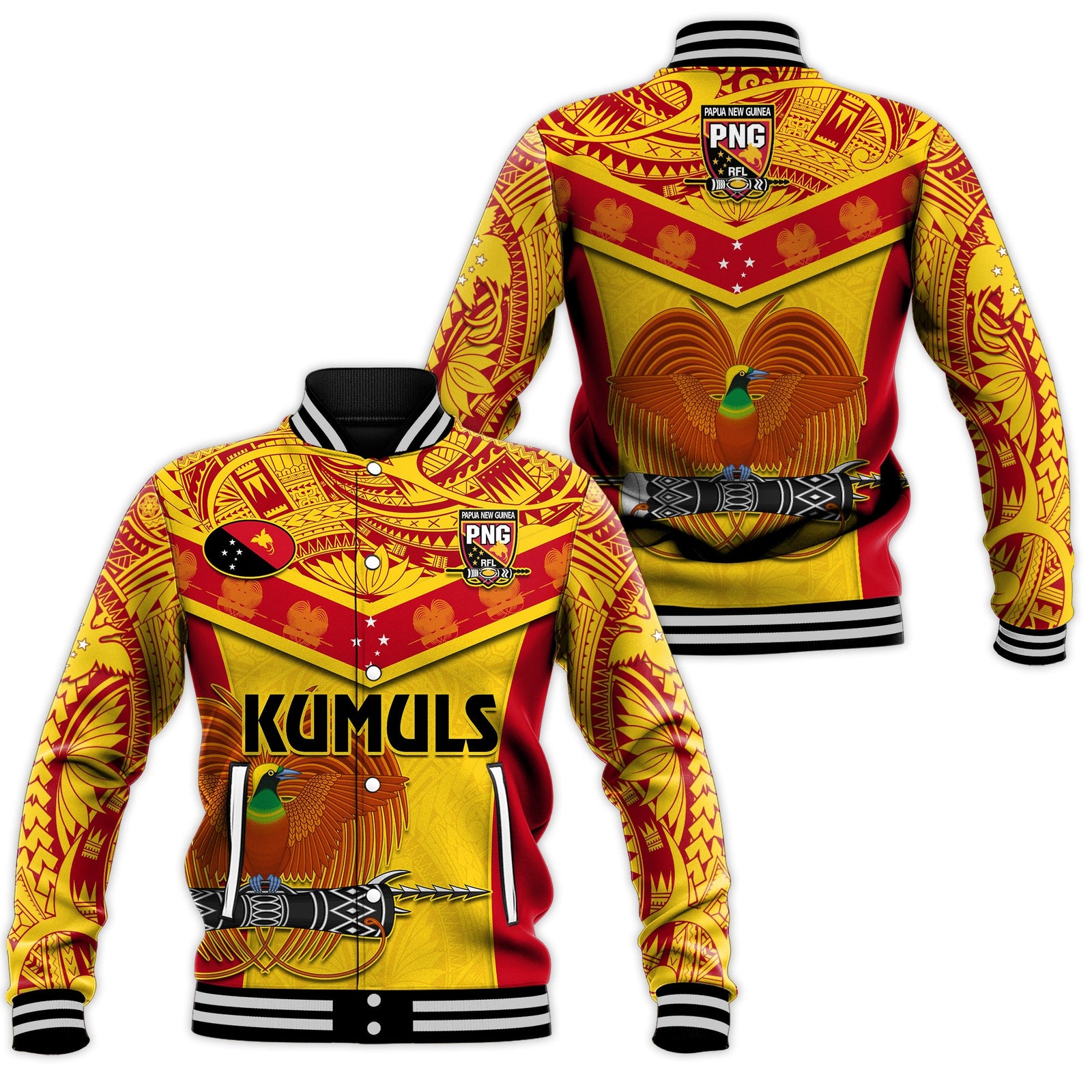 Papua New Guinea Rugby Baseball Jacket PNG Kumuls Bird Of Paradise Yellow LT14 Unisex Yellow - Polynesian Pride