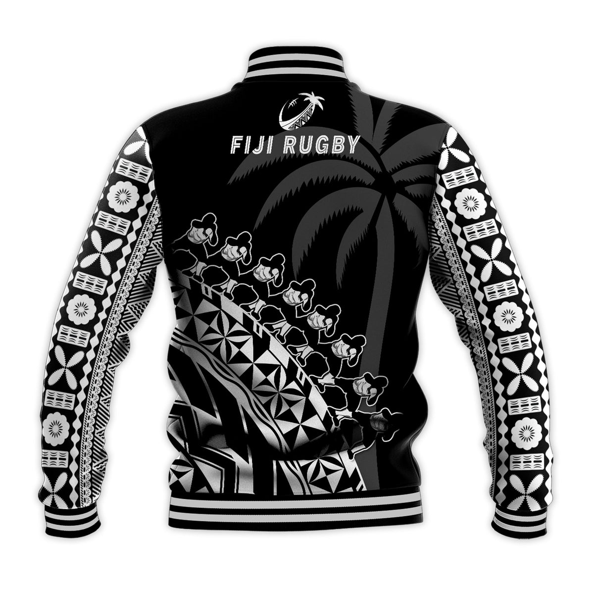 Fiji Rugby Baseball Jacket Fijian Cibi Dance Tapa Pattern Black LT14 - Polynesian Pride