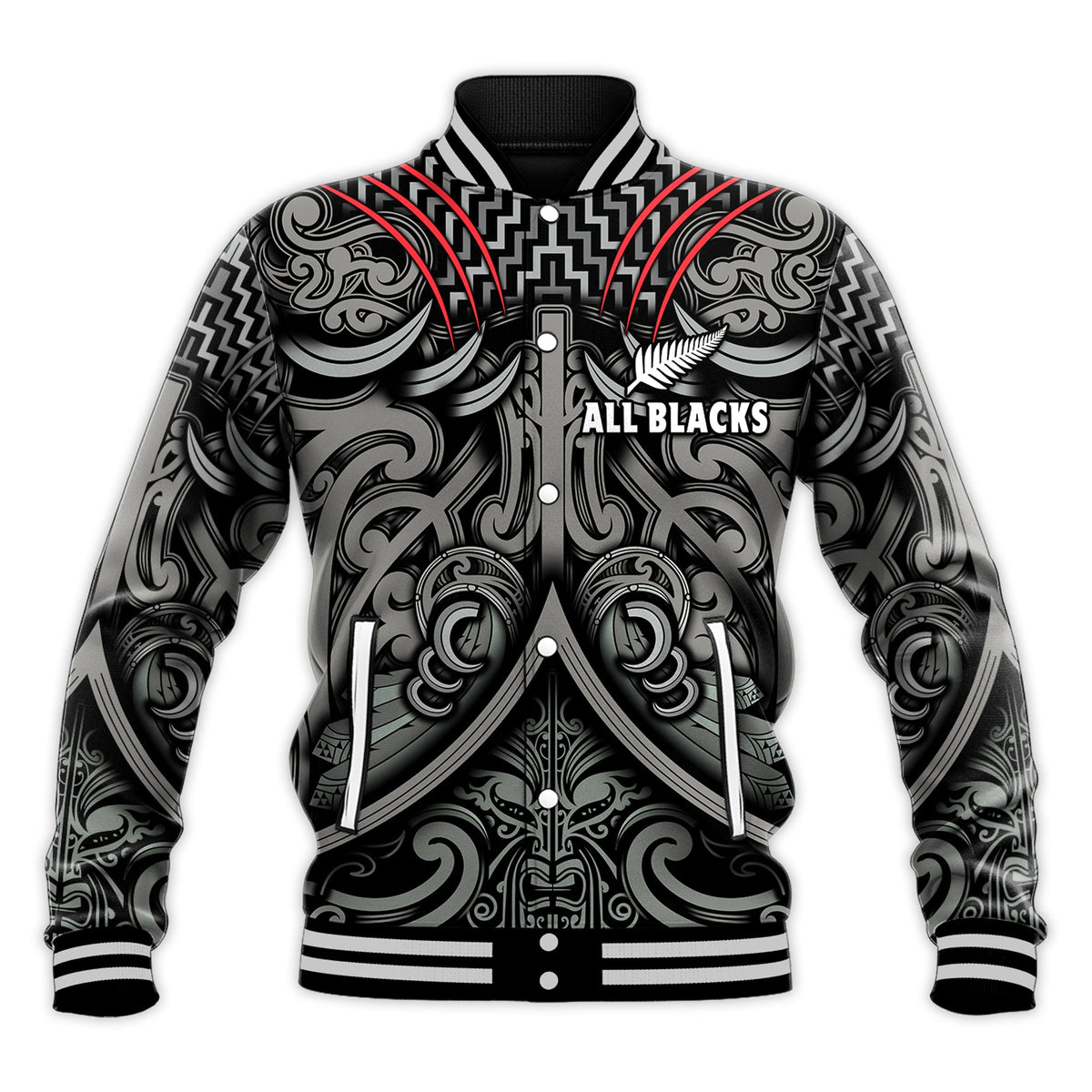 (Custom Text and Number) New Zealand Silver Fern Rugby Baseball Jacket All Black NZ Maori Pattern LT13 - Polynesian Pride