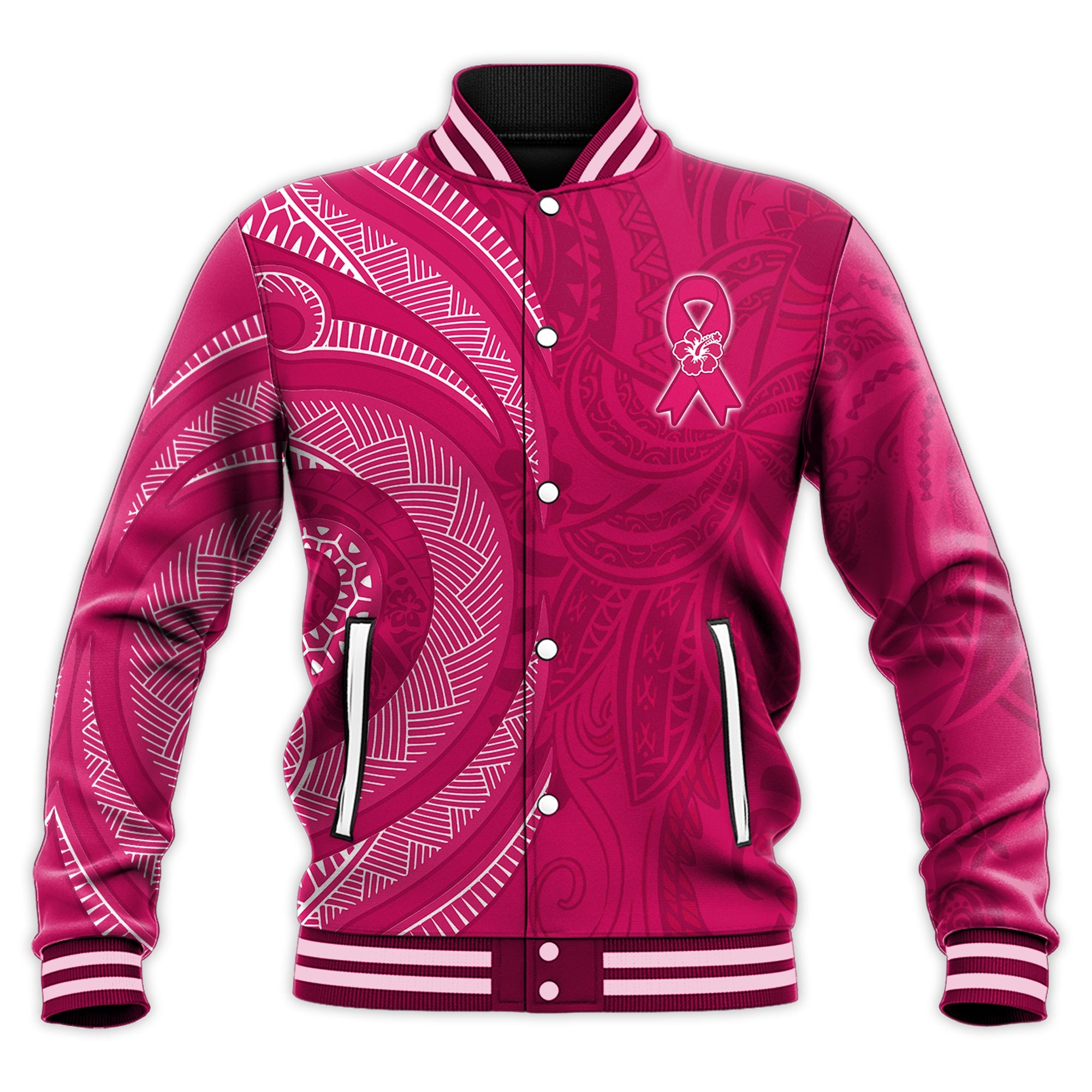 Breast Cancer Awareness Baseball Jacket Hibiscus Polynesian No One Fights Alone LT13 Unisex Pink - Polynesian Pride