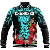 (Custom Personalised) Guam Chamorro Baseball Jacket Guaman Latte Stone Tropical Flowers Turquoise Style LT14 - Polynesian Pride