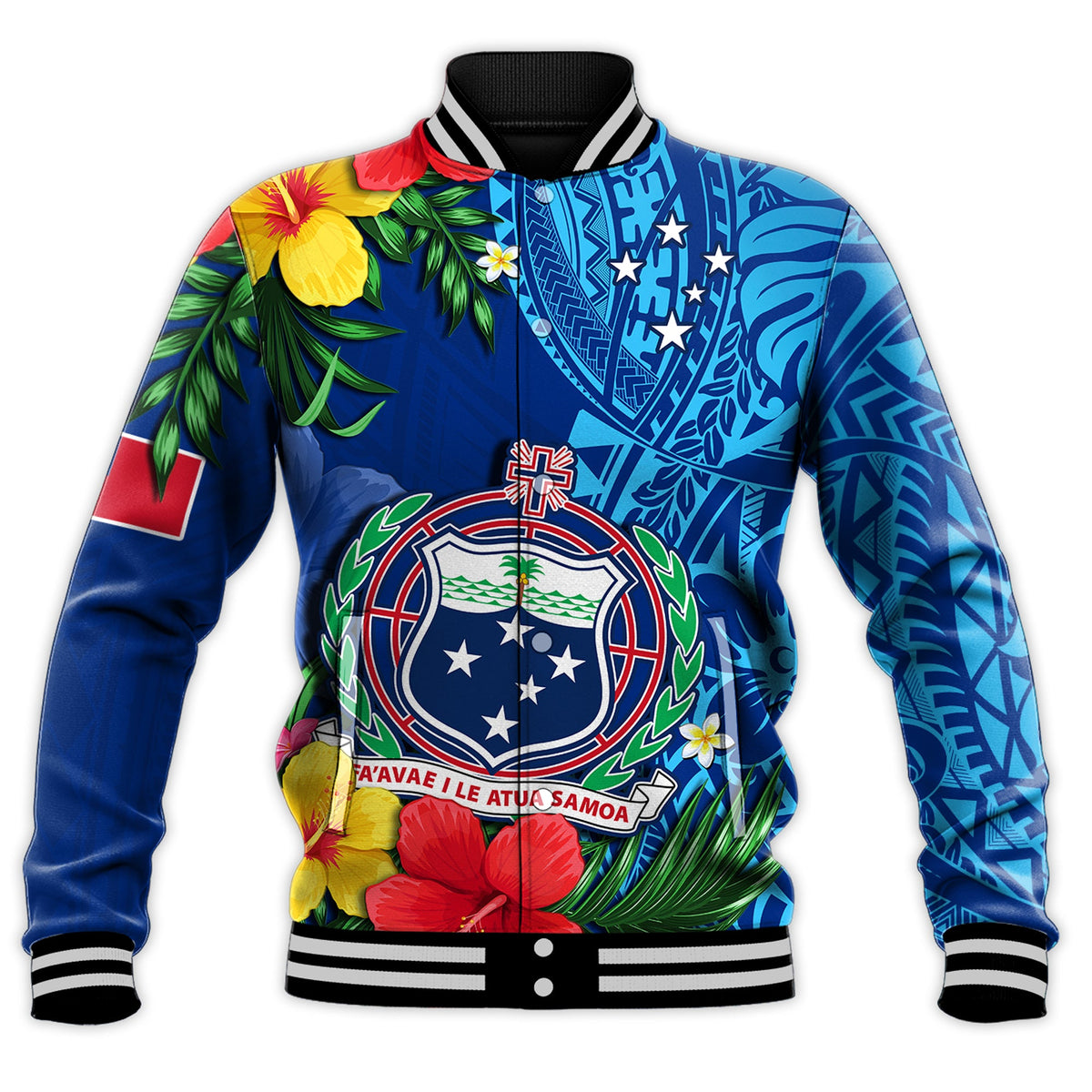 (Custom Personalised) Samoa Baseball Jacket Coat Of Arms Mix Tropical Flowers LT14 - Polynesian Pride