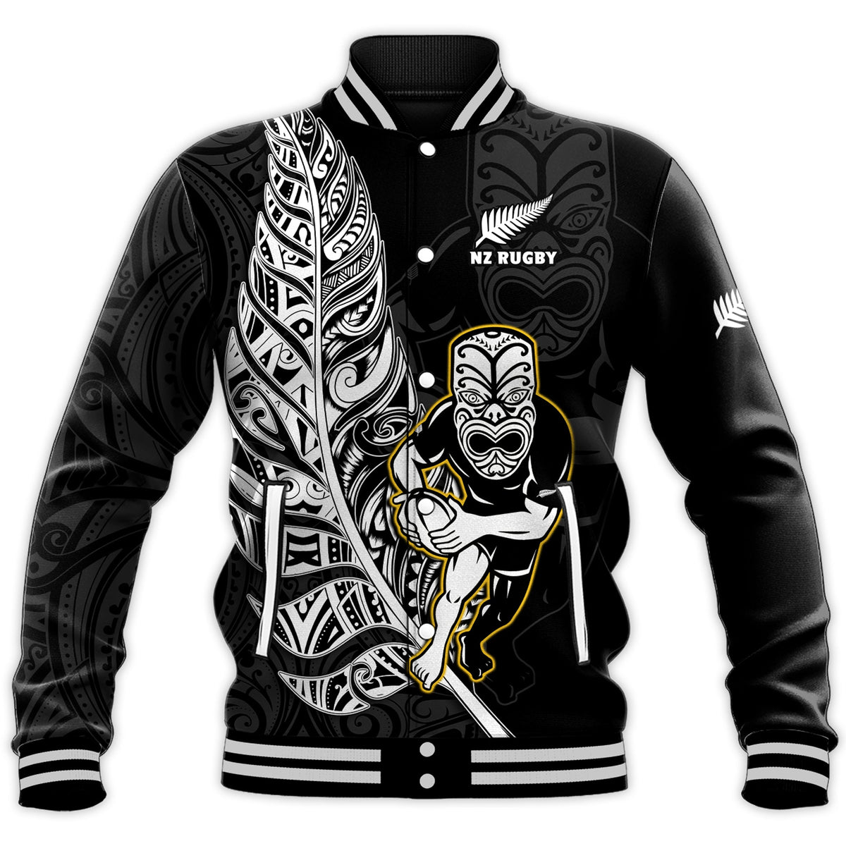 New Zealand Silver Fern Rugby Baseball Jacket All Black Maori Version Black LT14 Unisex Black - Polynesian Pride