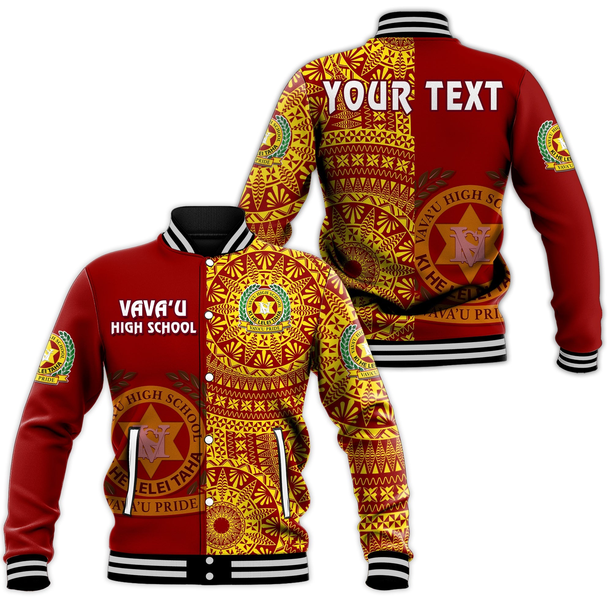 (Custom Personalised) Tonga Vavau High School Baseball Jacket Tongan Ngatu Pattern LT14 Unisex Red - Polynesian Pride