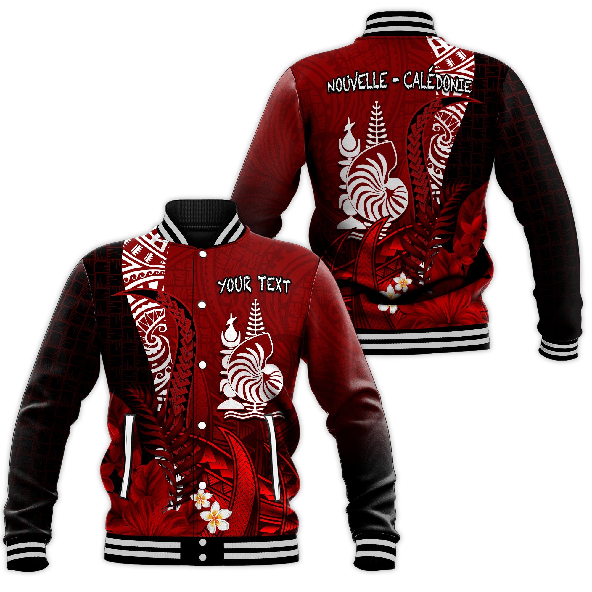 (Custom Personalised) New Caledonia Baseball Jacket Nautilus Red Polynesian Hibiscus LT13 Unisex Red - Polynesian Pride