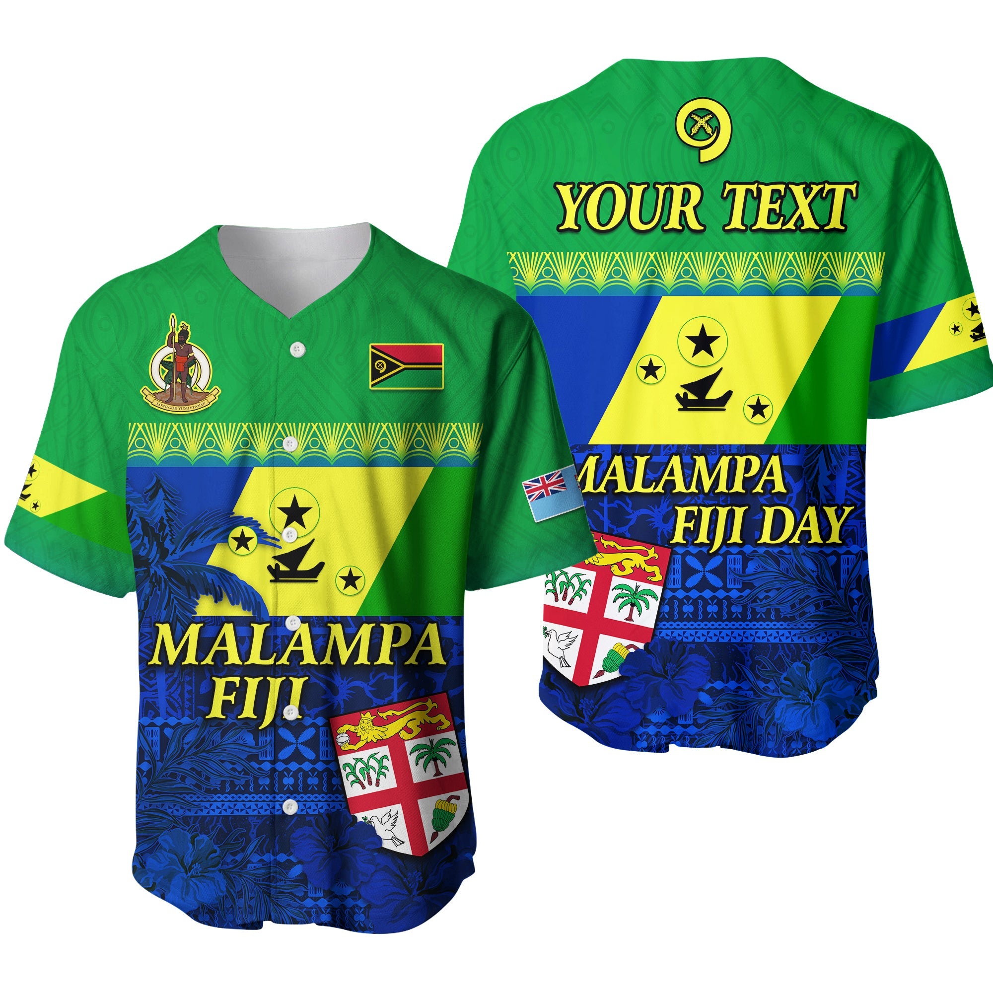 (Custom Personalised) Malampa Fiji Day Baseball Jersey Vanuatu Polynesia mix Flowers LT13 Green - Polynesian Pride