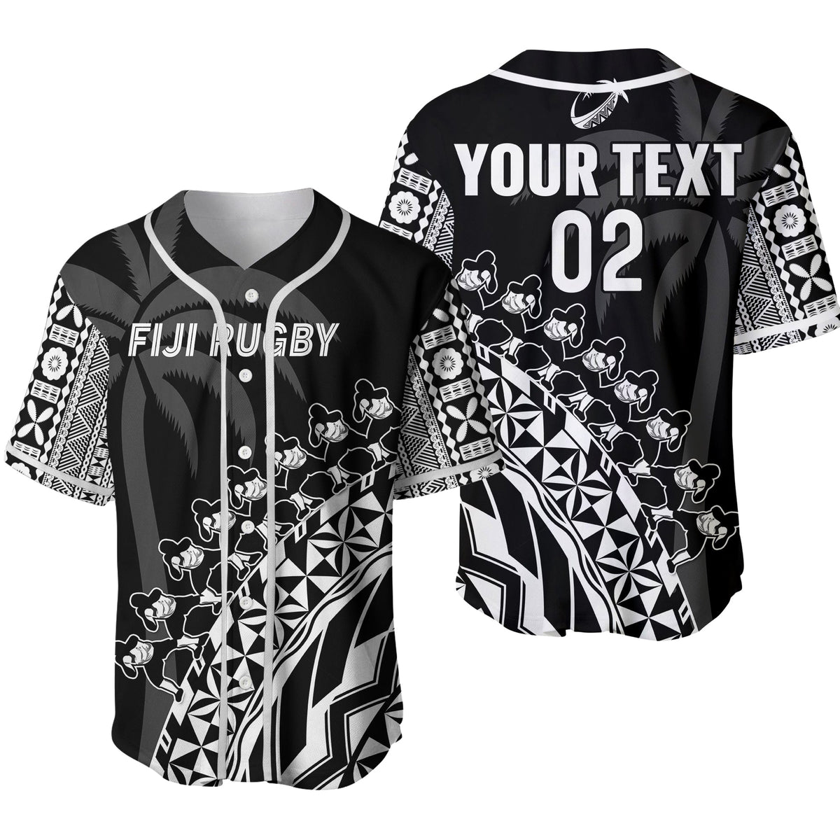(Custom Text And Number) Fiji Rugby Baseball Jersey Fijian Cibi Dance Tapa Pattern Black 02 LT14 Black - Polynesian Pride