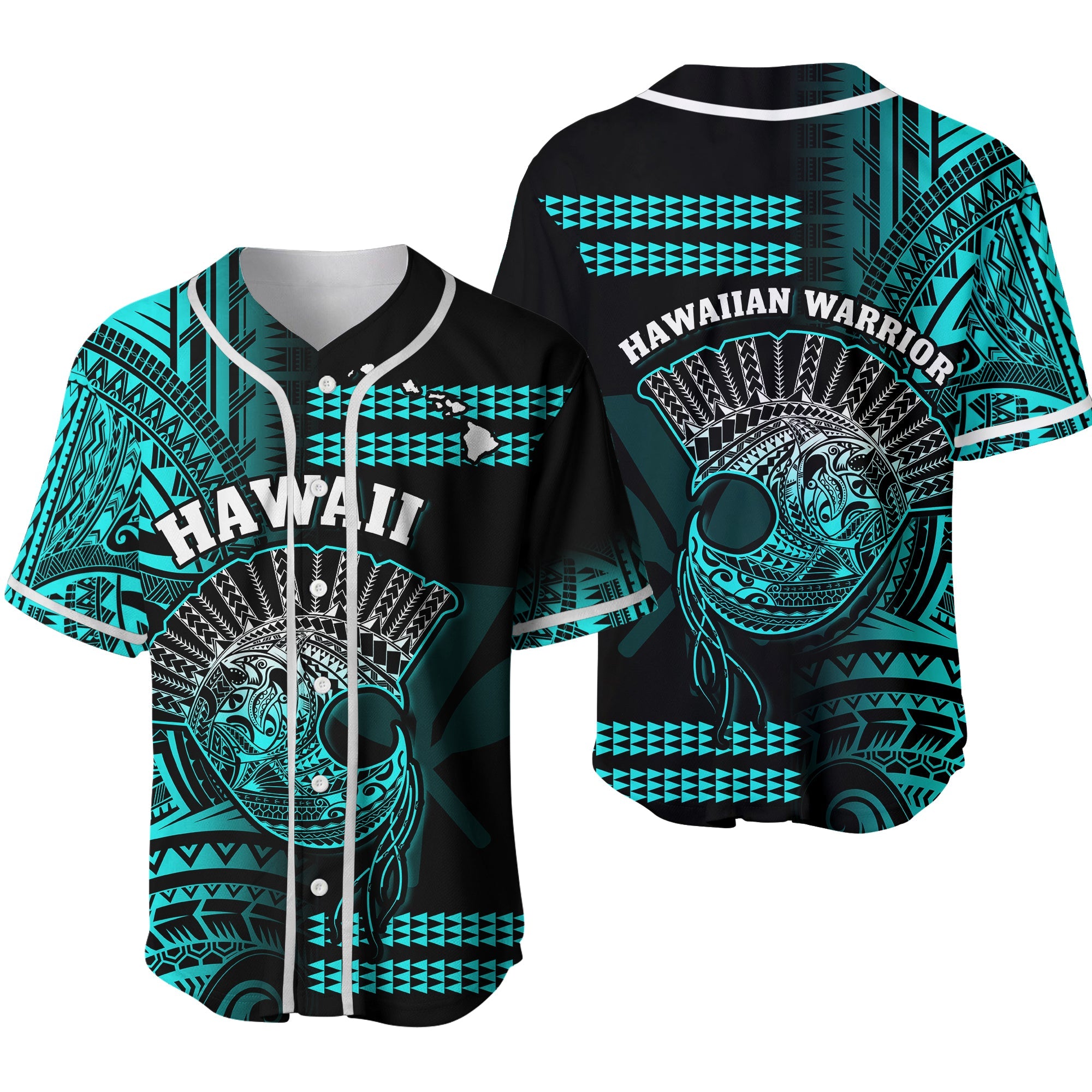 Hawaii Baseball Jersey Kakau Warrior Helmet Gradient Turquoise Polynesian Ver.02 LT14 Turquoise - Polynesian Pride