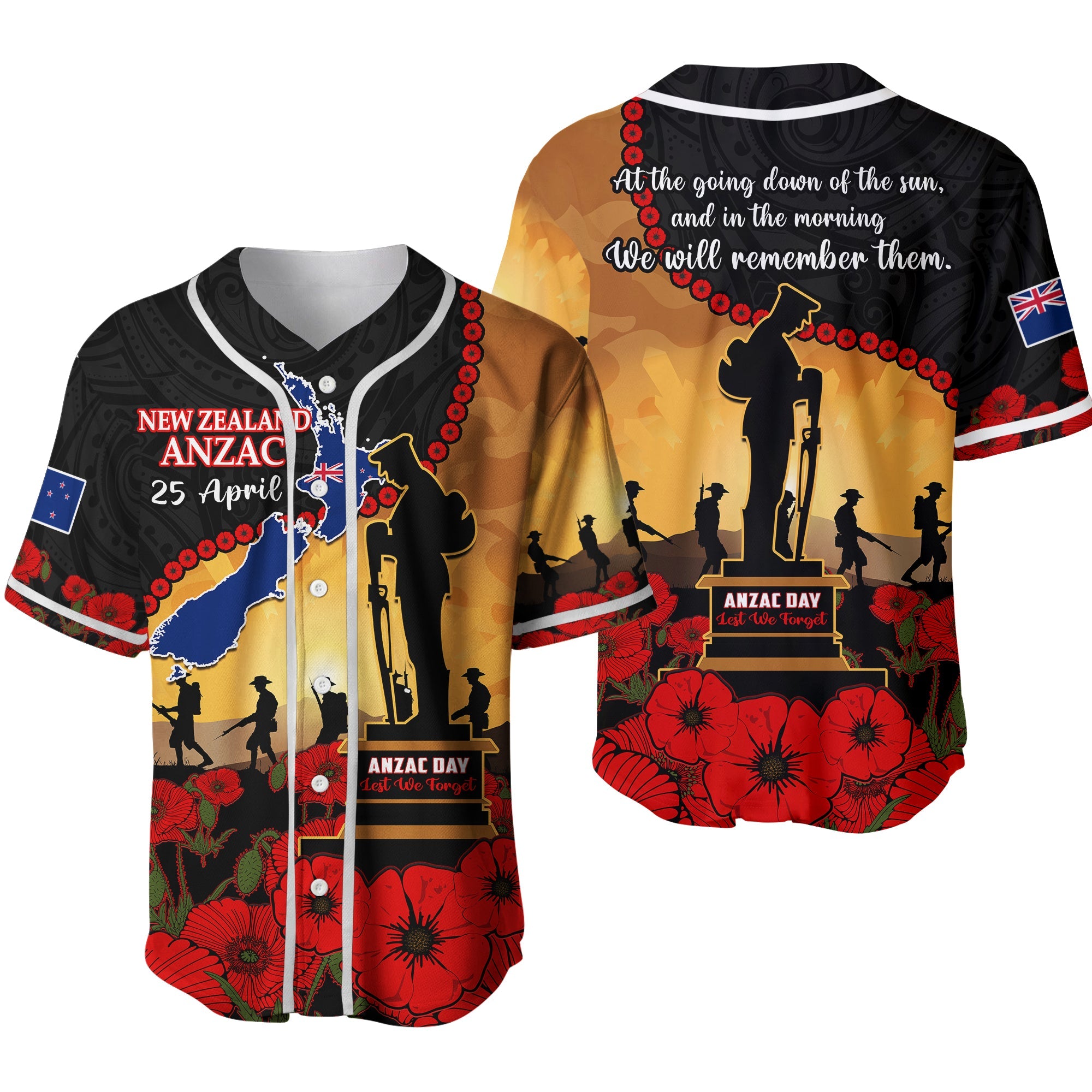 New Zealand Anzac Baseball Jersey Maori Camouflage Mix Poppies We Will Remember Them Ver.02 LT14 Black - Polynesian Pride